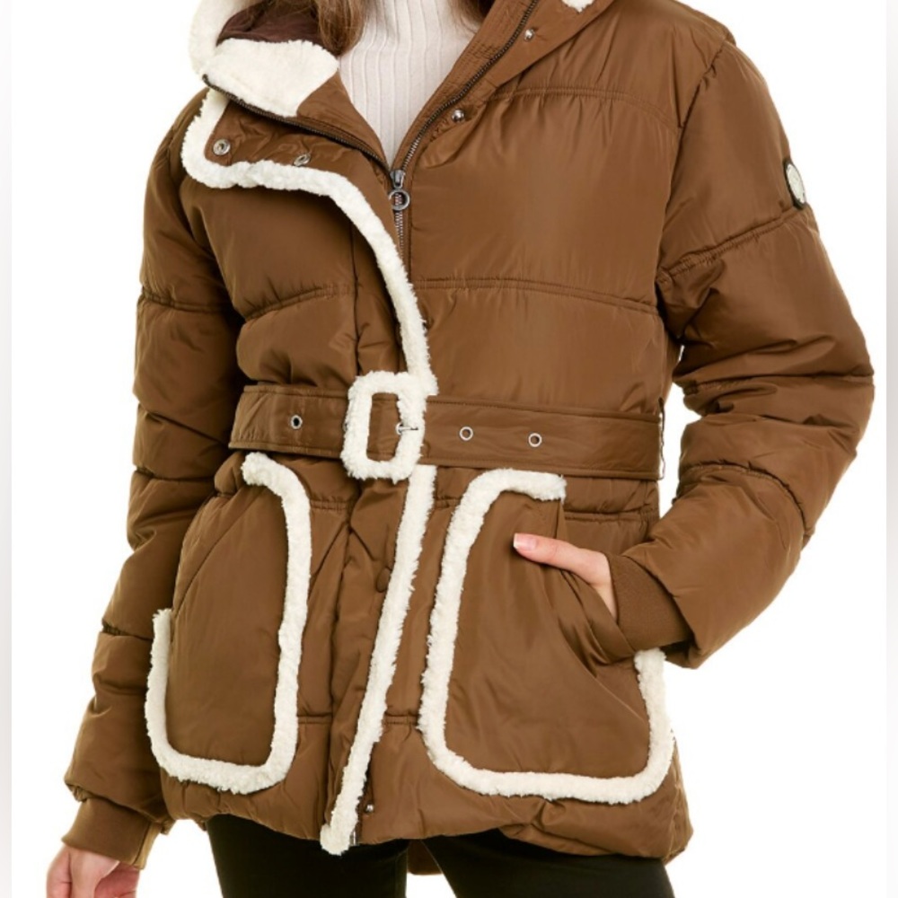 Noize Aberdeen Shearling Trim Belted Puffer
